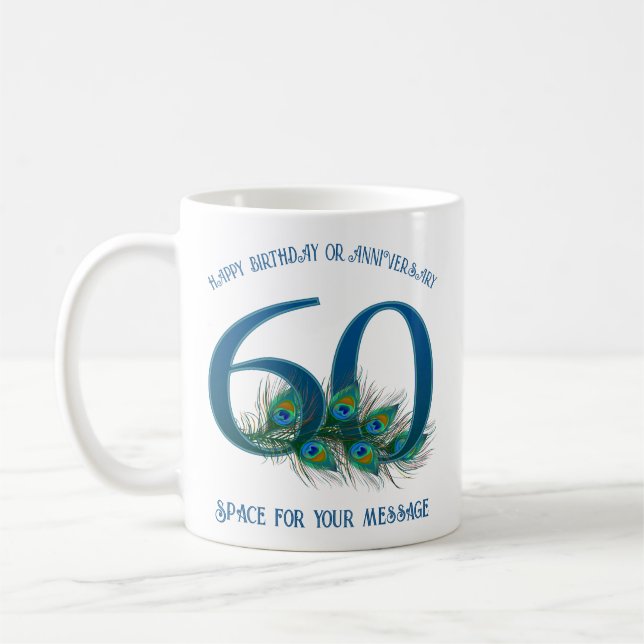 60th Birthday Or Anniversary Peacock Feather Coffee Mug (Left)