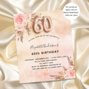 60th birthday pampas grass rose budget invitation flyer
