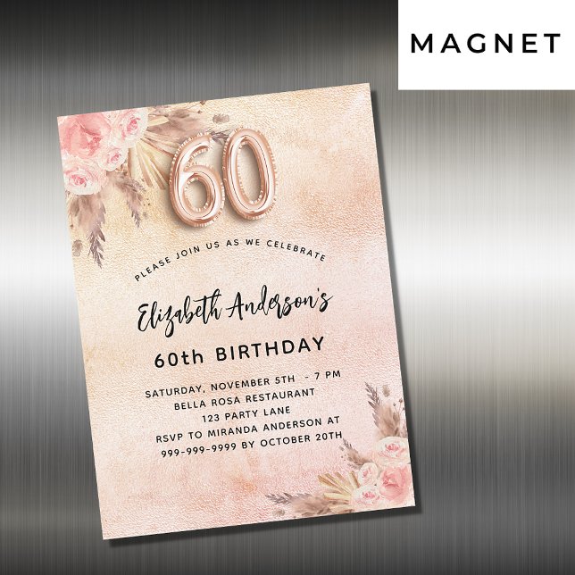 60th birthday pampas grass rose florals luxury magnetic invitation (Creator Uploaded)