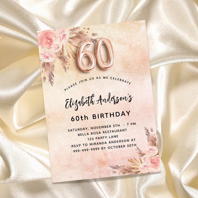 60th birthday pampas grass rose gold florals invitation postcard (Creator Uploaded)