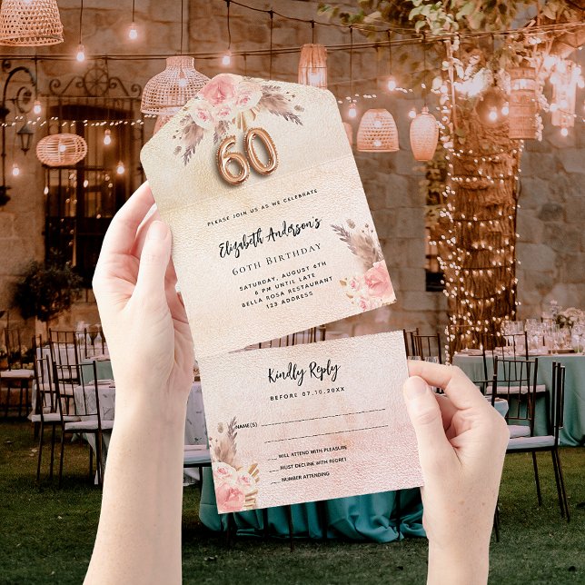 60th birthday pampas grass rose pink florals RSVP All In One Invitation (Creator Uploaded)