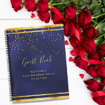60th Birthday Party 60 dark blue gold guest book<br><div class="desc">A 60th Birthday Party informal Guest Book for him, boy, guy in dark blue, navy blue background. The blue color is uneven. With a faux gold frame and golden confetti sprinkle, golden colored letters. The title Guest Book is written with modern hand lettered style script. Template for a name, age...</div>