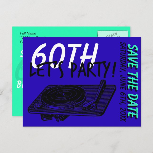 60th Birthday Party 60s Blue Save the date Announcement Postcard (Front/Back)