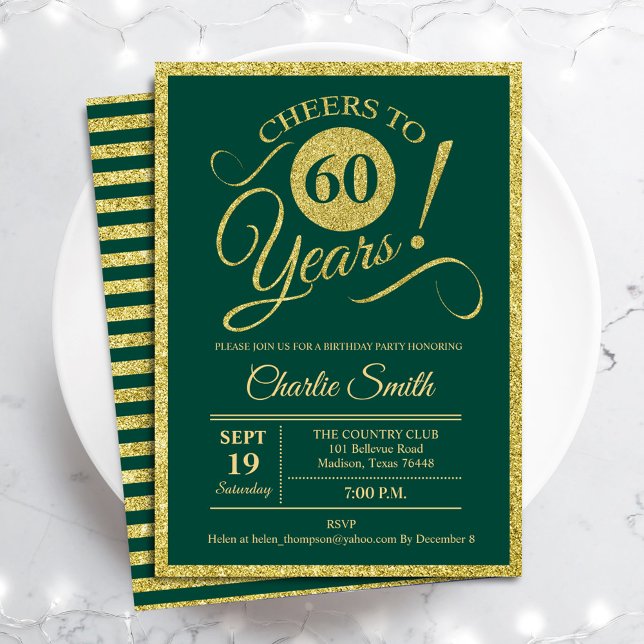 60th Birthday Party - ANY AGE Gold Green Invitation (Creator Uploaded)
