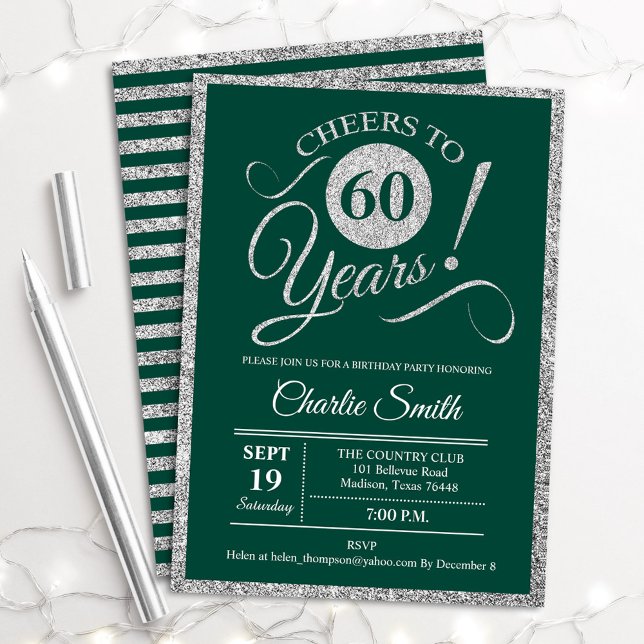 60th Birthday Party - ANY AGE Green Silver Invitation (Creator Uploaded)