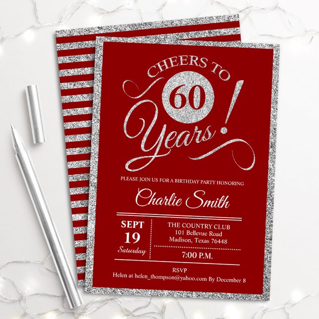 60th Birthday Party - ANY AGE Red Silver Invitation (Creator Uploaded)