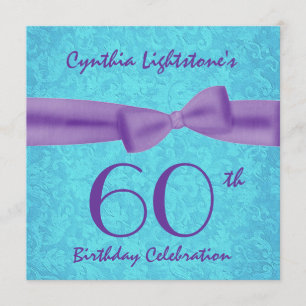 60th Birthday Party Aqua and Purple Bow M456 Invitation