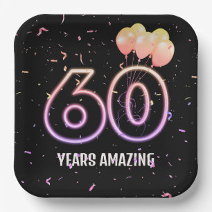 60th Birthday Party Balloons and Confetti Paper Plate