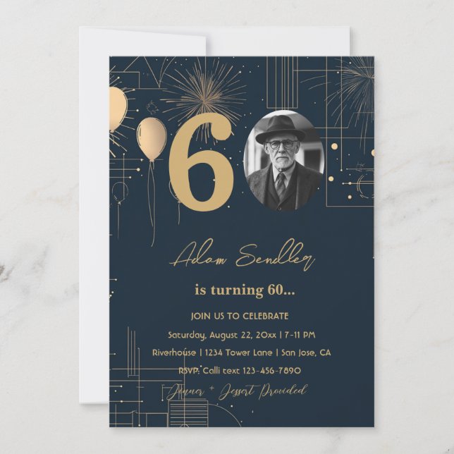 60th birthday party balloons and fireworks  invitation (Front)