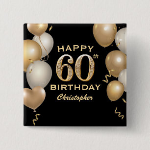 60th Birthday Party Black and Gold Balloons 15 Cm Square Badge