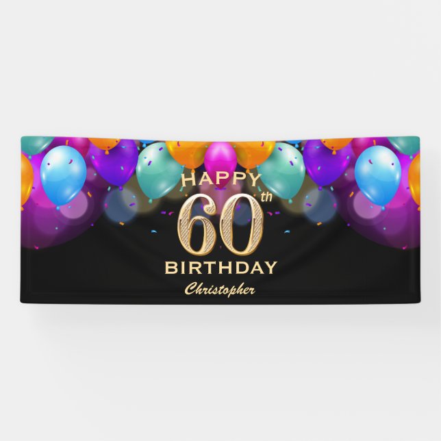60th Birthday Party Black and Gold Balloons Banner (Horizontal)