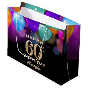 60th Birthday Party Black and Gold Balloons Large Gift Bag