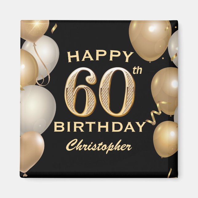 60th Birthday Party Black and Gold Balloons Magnet (Front)