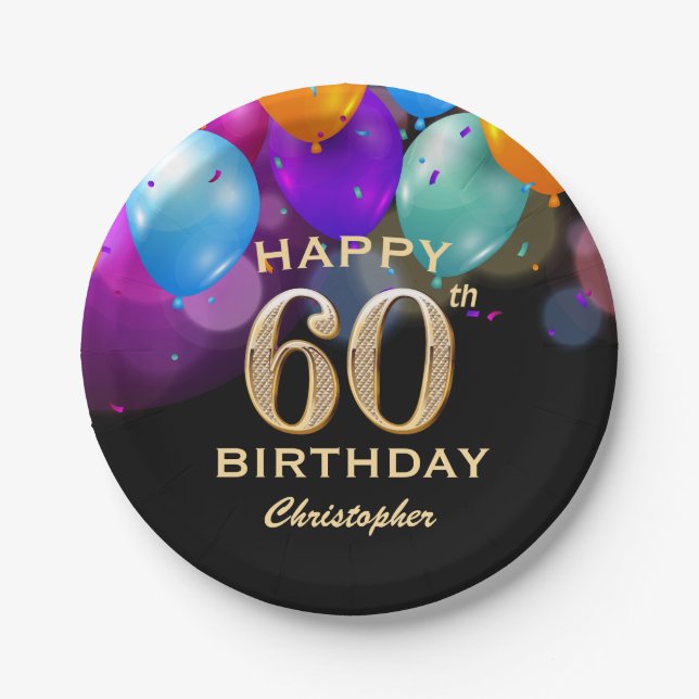 60th Birthday Party Black and Gold Balloons Paper Plate (Front)