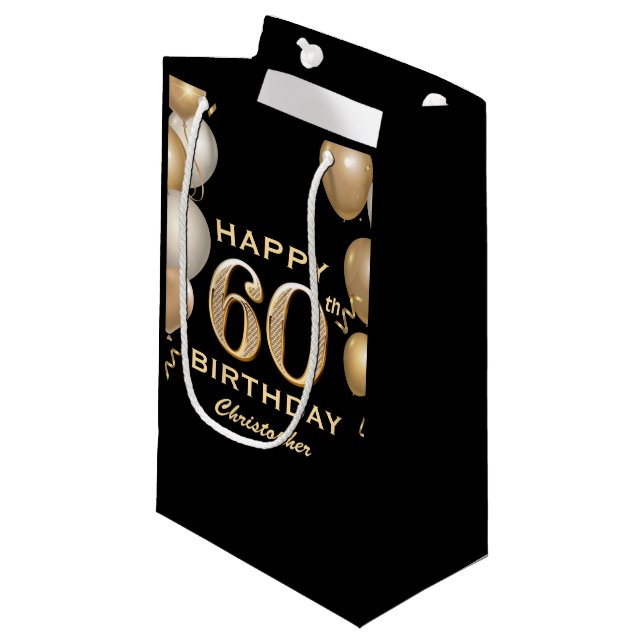 60th Birthday Party Black and Gold Balloons Small Gift Bag (Front Angled)