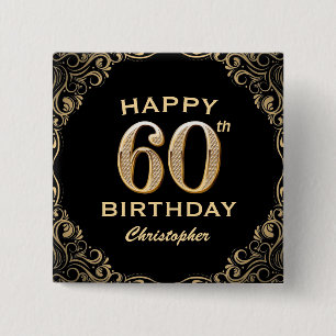 60th Birthday Party Black and Gold Glitter Frame 15 Cm Square Badge
