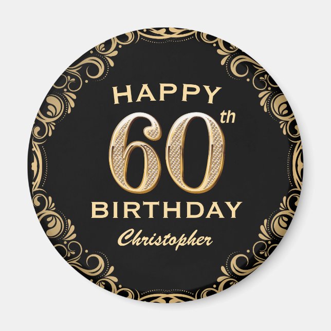 60th Birthday Party Black and Gold Glitter Frame Magnet (Front)