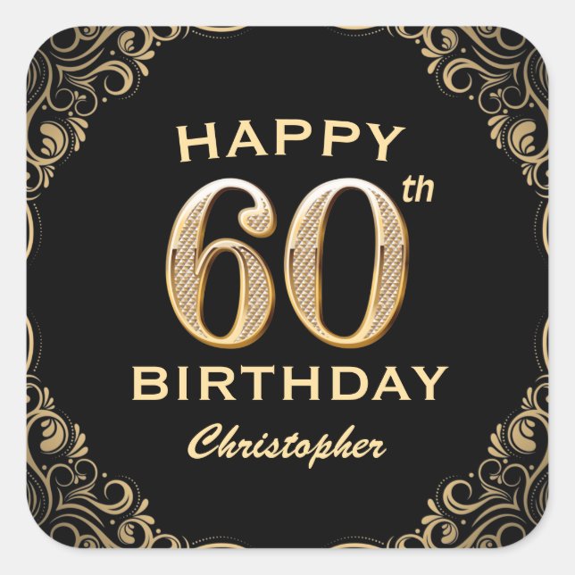60th Birthday Party Black and Gold Glitter Frame Square Sticker (Front)