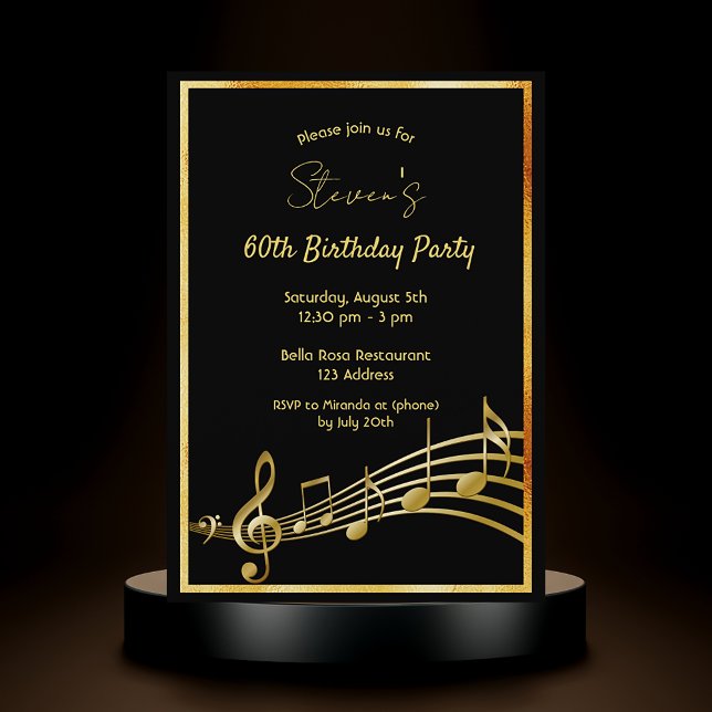 60th birthday party black and gold music notes invitation (Creator Uploaded)