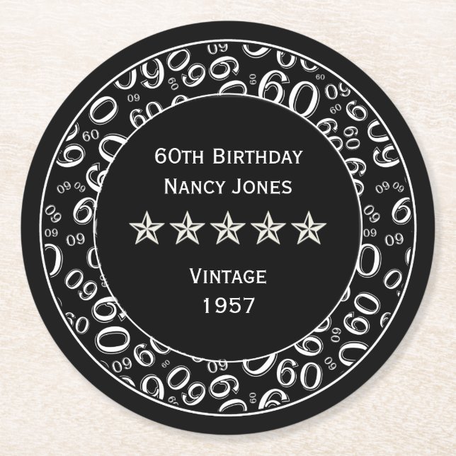60th Birthday Party Black and White Theme Round Paper Coaster (Front)