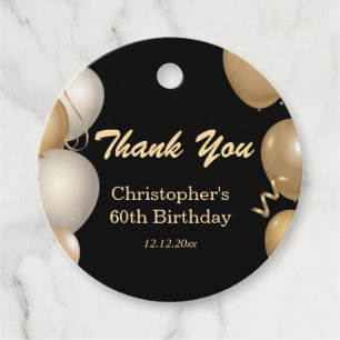 60th Birthday Party Black Gold Balloons Thank You Favour Tags