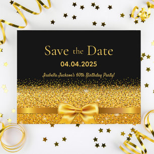 60th birthday party black gold bow save the date postcard