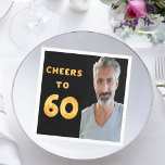 60th birthday party black gold cheers photo napkin<br><div class="desc">A napkin for a 60th birthday party. Template for your photo.  Black background and the tex: Cheers to 60.  The text is written with a trendy faux gold balloon script.</div>
