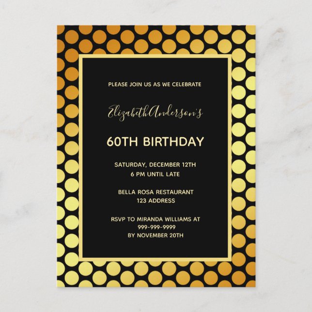 60th birthday party black gold dots invitation postcard (Front)