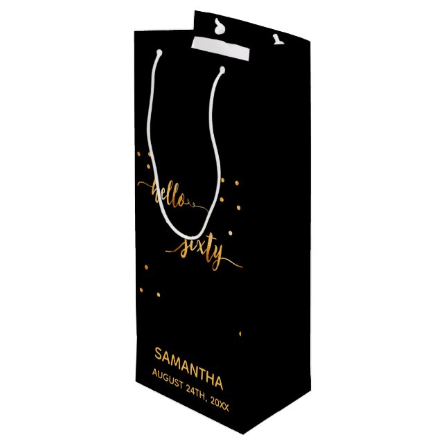 60th birthday party black gold hello sixty wine gift bag (Back Angled)