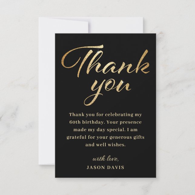 60th Birthday Party Black & Gold Thank You Card (Front)
