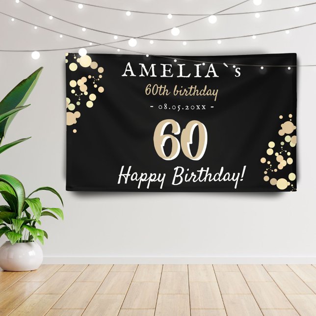 60th Birthday Party Black Golden Backdrop Banner (Creator Uploaded)