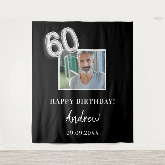 60th birthday party black photo name guy tapestry (Front)
