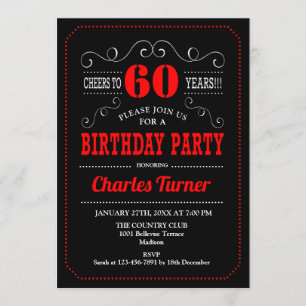 60th Birthday Party - Black Red White Invitation