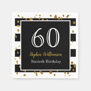 60th Birthday Party  Black White and Gold Glitter Napkin