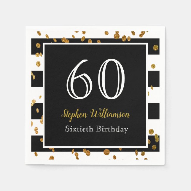 60th Birthday Party| Black White and Gold Glitter Napkin (Front)