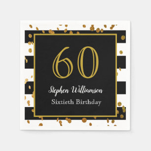 60th Birthday Party  Black White and Gold Glitter Napkin