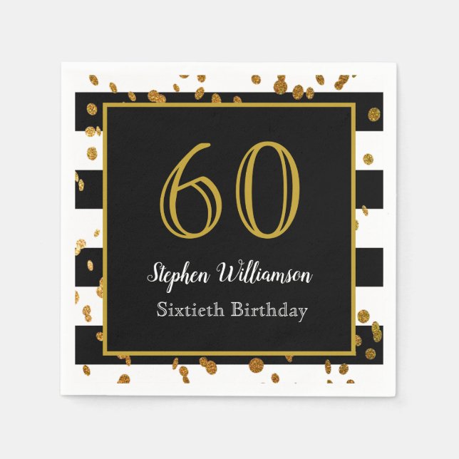 60th Birthday Party| Black White and Gold Glitter Napkin (Front)