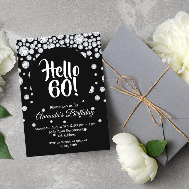 60th birthday party black white diamonds hello 60 invitation (Creator Uploaded)