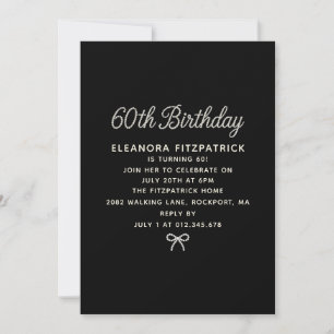 60th Birthday Party Black White Pearl Script Bow Invitation
