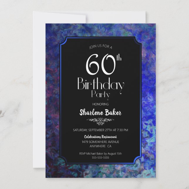 60th Birthday Party Black with Blue Border Invitation (Front)