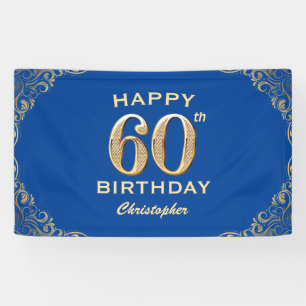 60th Birthday Party Blue and Gold Glitter Frame Banner