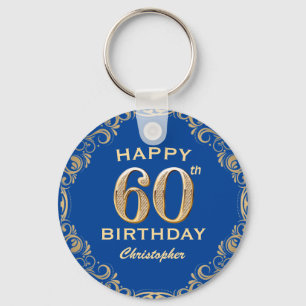 60th Birthday Party Blue and Gold Glitter Frame Key Ring
