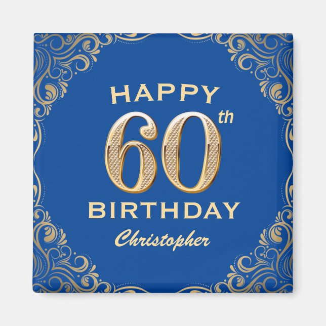 60th Birthday Party Blue and Gold Glitter Frame Magnet (Front)