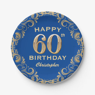 60th Birthday Party Blue and Gold Glitter Frame Paper Plate