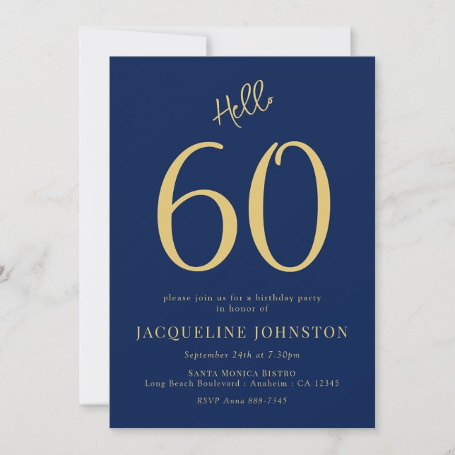 60th Birthday Party Blue And Gold Hello 60 Invitation (Front)