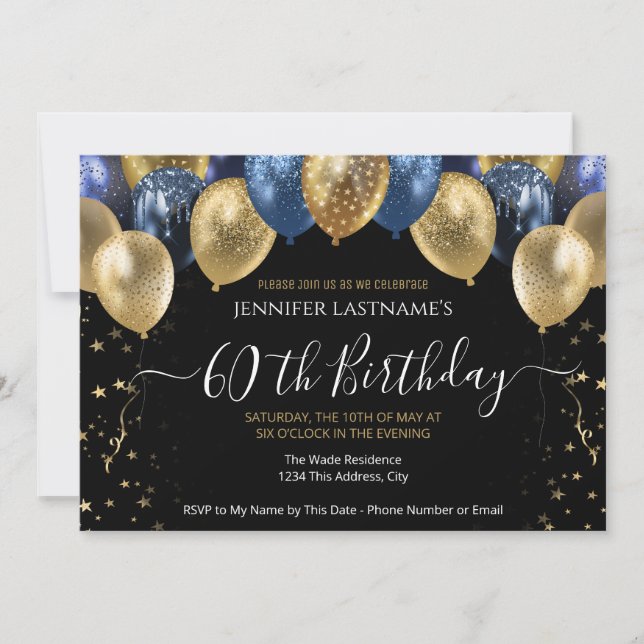 60th Birthday Party Blue and Gold Invitation (Front)