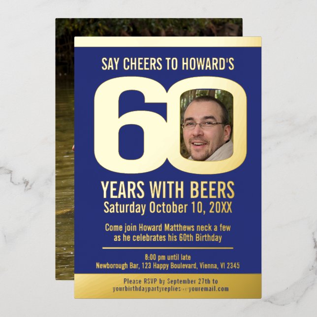 60th Birthday party blue gold foil photo beer (Front/Back)