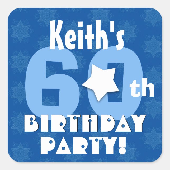 60th Birthday Party Blue Stars Custom Name V15 Square Sticker (Front)