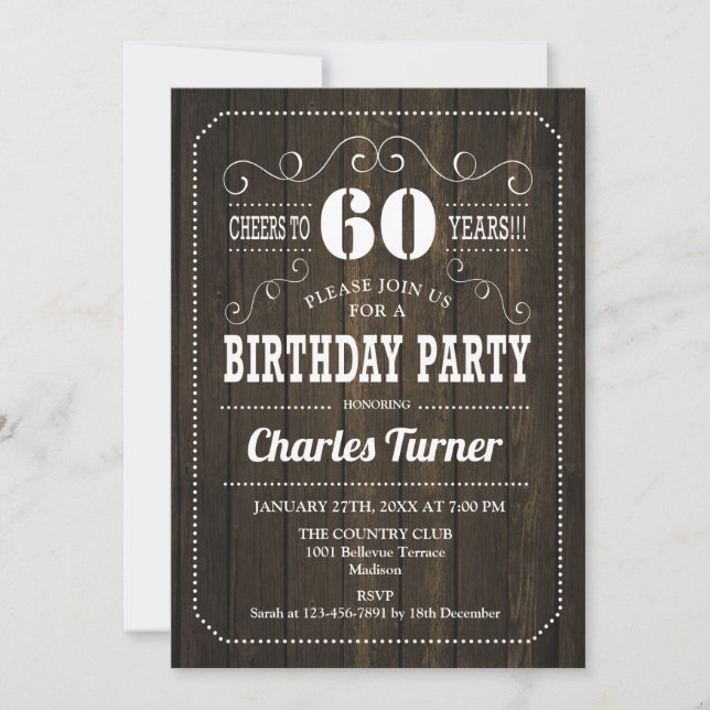 60th Birthday Party - Brown Wood Pattern Invitation (Front)