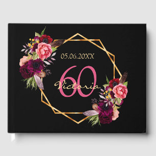60th birthday party burgundy florals geometric guest book